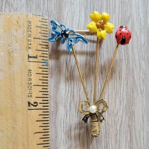 Vintage Blue Butterfly/Yellow Flower/Red Ladybug Enamel Metal & Crystals Brooch